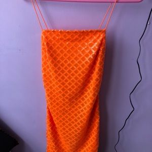 neon orange sequin dress